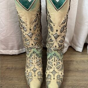 White and Teal Corral Cowboy Boots